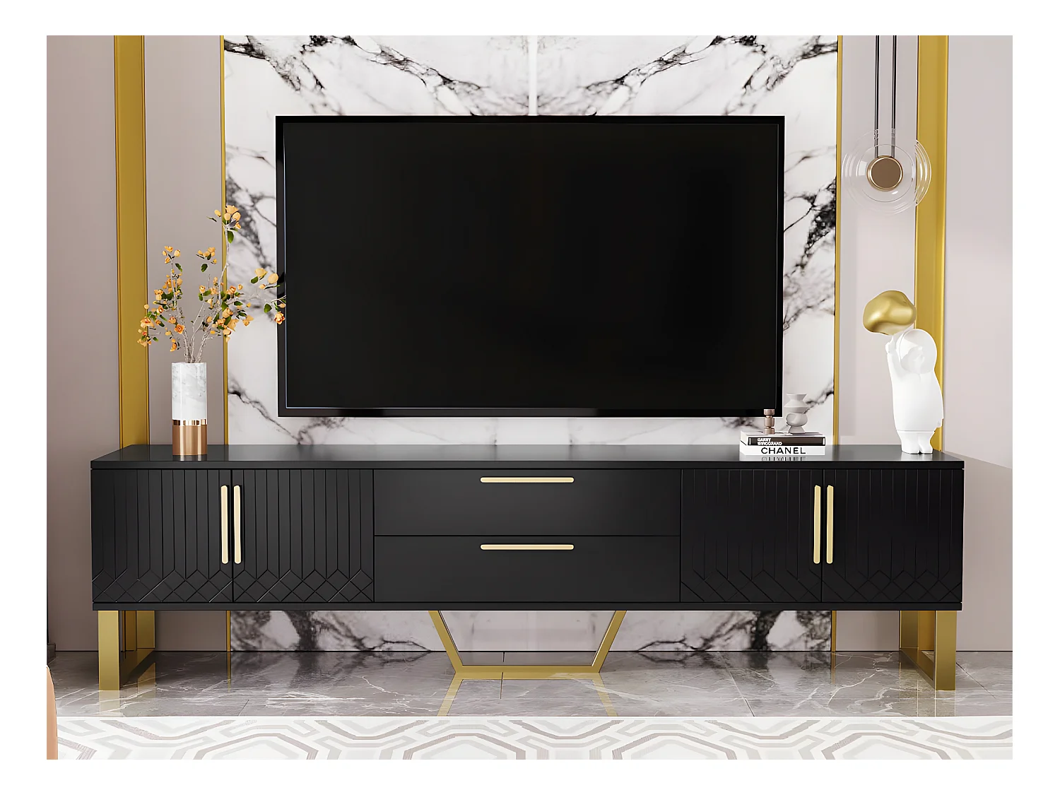 Meuble TV L 170cm - aspect brillant - 4 portes texturées gravées avec poignées dorées - Noir