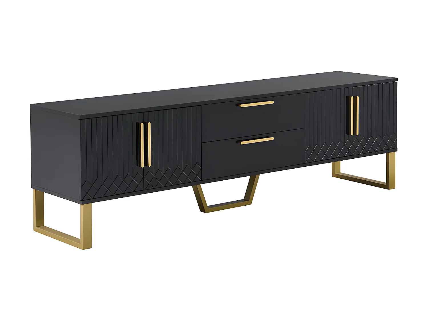 Meuble TV L 170cm - aspect brillant - 4 portes texturées gravées avec poignées dorées - Noir