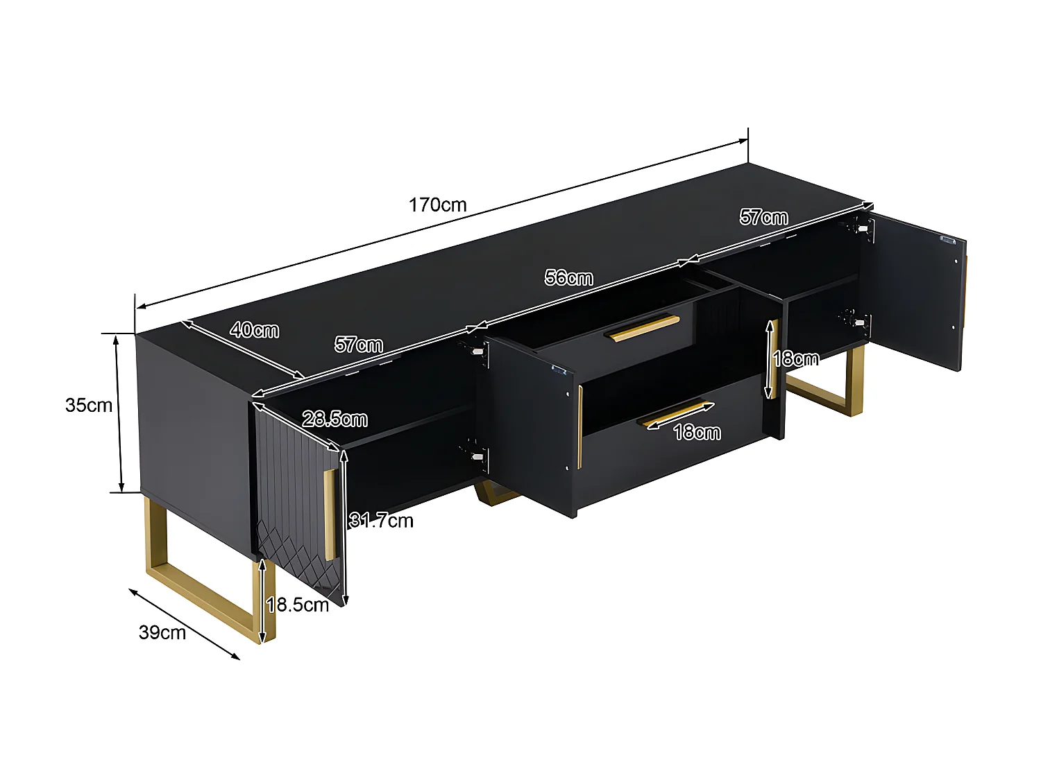 Meuble TV L 170cm - aspect brillant - 4 portes texturées gravées avec poignées dorées - Noir