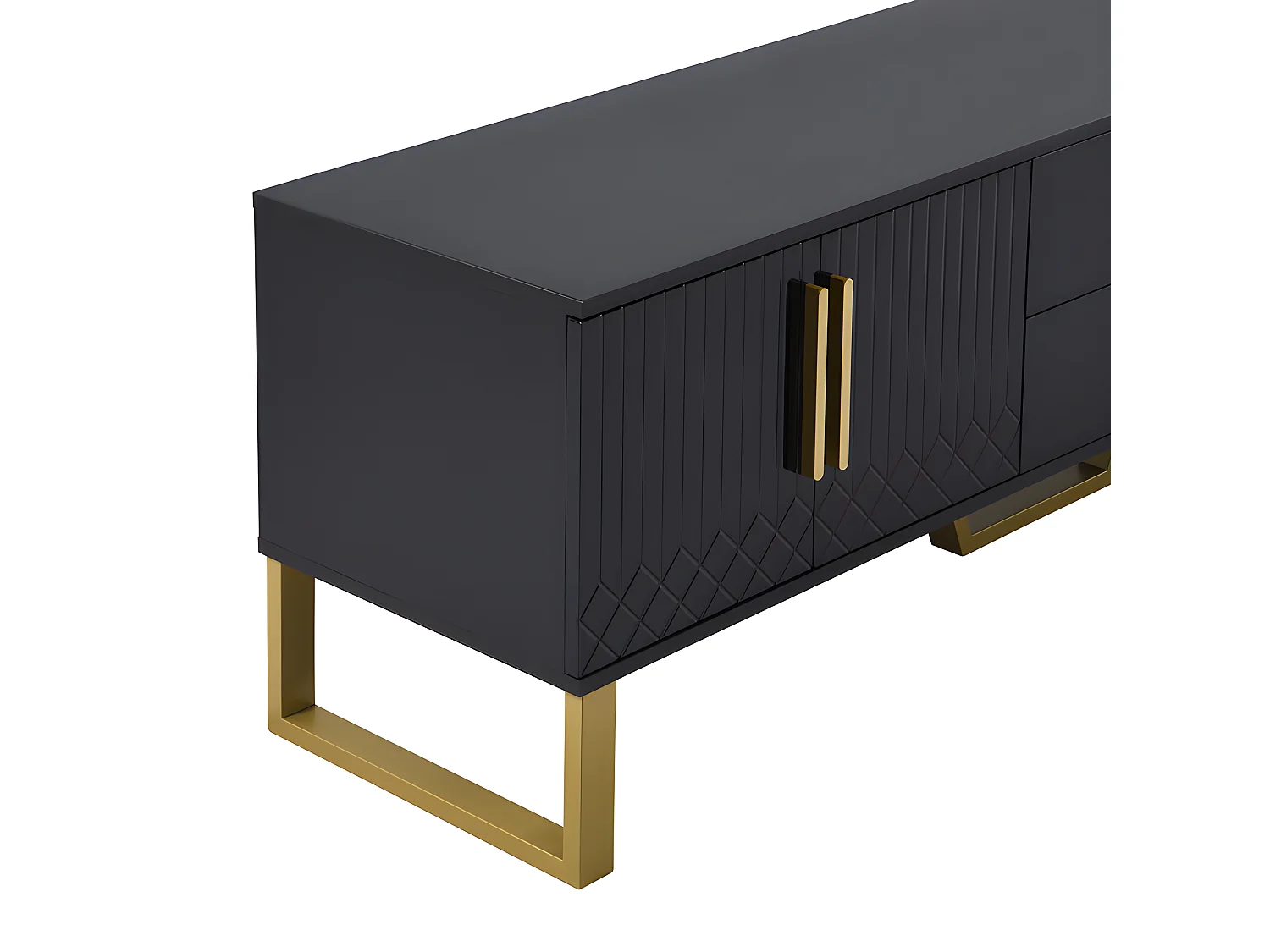 Meuble TV L 170cm - aspect brillant - 4 portes texturées gravées avec poignées dorées - Noir