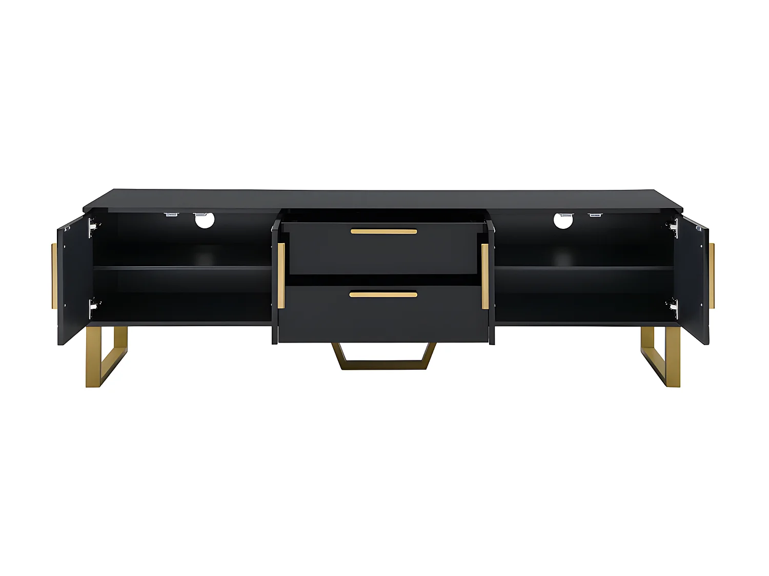 Meuble TV L 170cm - aspect brillant - 4 portes texturées gravées avec poignées dorées - Noir