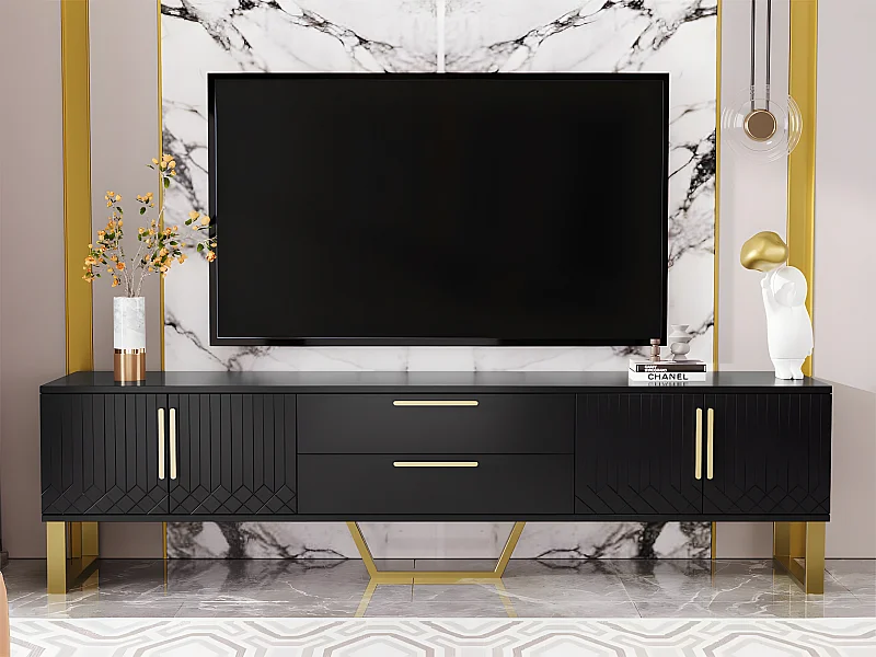 Mueble TV L 170 cm - aspecto brillante - 4 puertas texturizadas grabadas con tiradores dorados - Negro