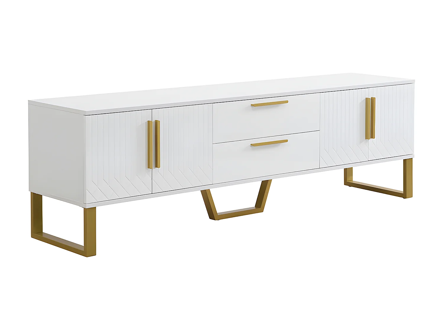 TV-Schrank L 170 cm – glänzende Optik – 4 gravierte Strukturtüren mit goldenen Griffen – Weiß
