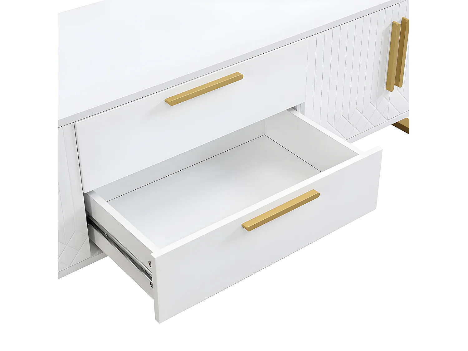 TV-Schrank L 170 cm – glänzende Optik – 4 gravierte Strukturtüren mit goldenen Griffen – Weiß