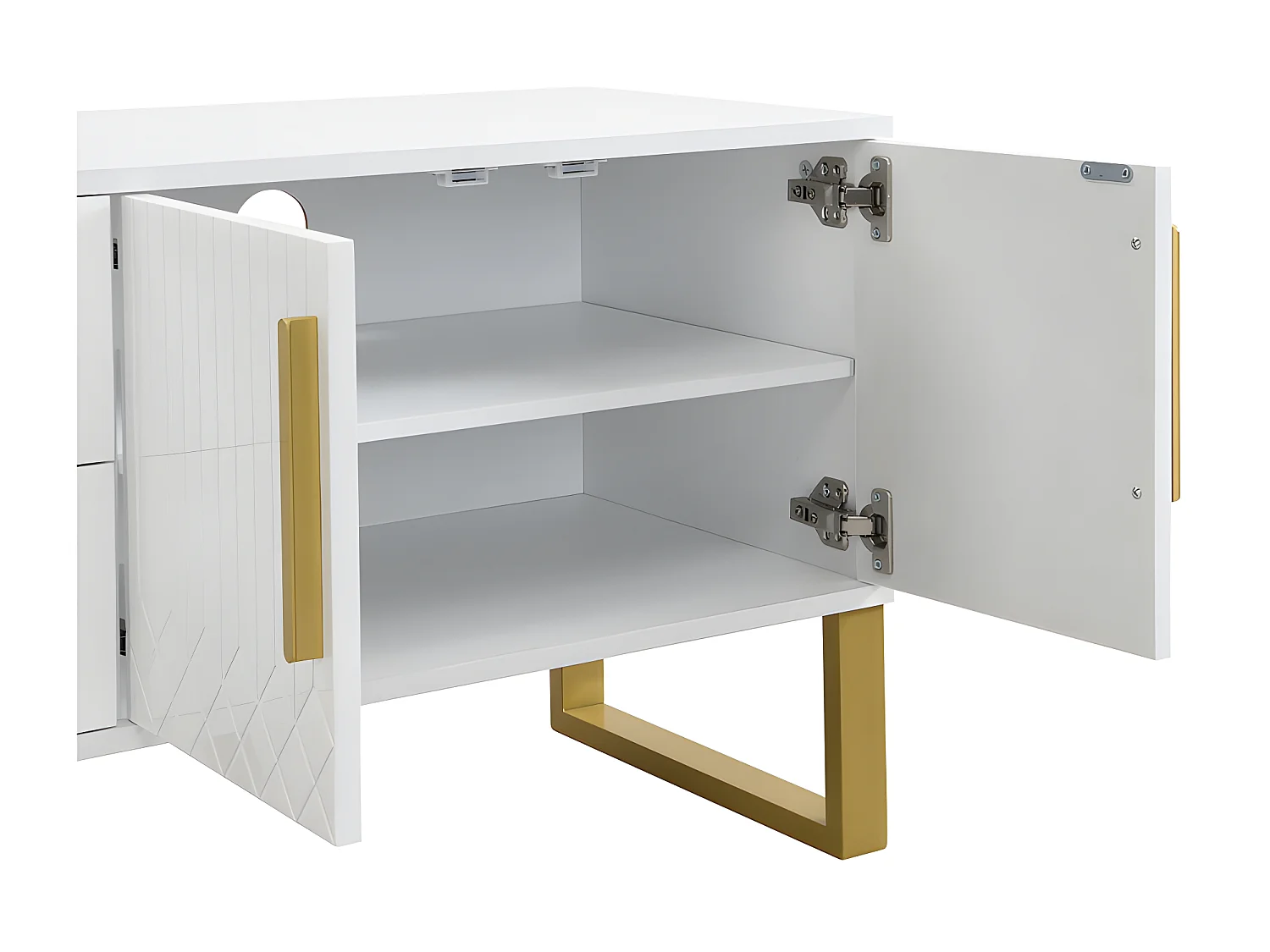 TV-Schrank L 170 cm – glänzende Optik – 4 gravierte Strukturtüren mit goldenen Griffen – Weiß