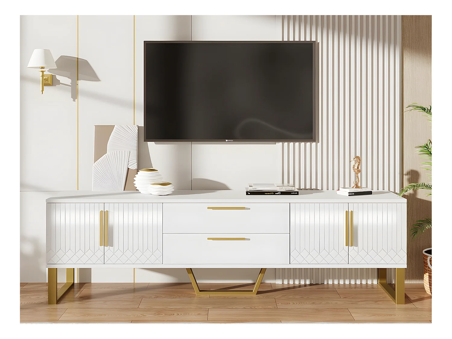 Meuble TV L 170cm - aspect brillant - 4 portes texturées gravées avec poignées dorées - Blanc