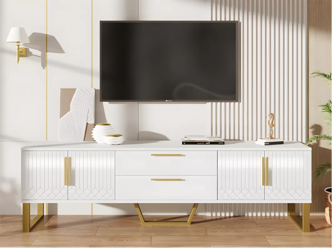 Kauf Unique TV-Schrank L 170 cm – glänzende Optik – 4 gravierte Strukturtüren mit goldenen Griffen – Weiß