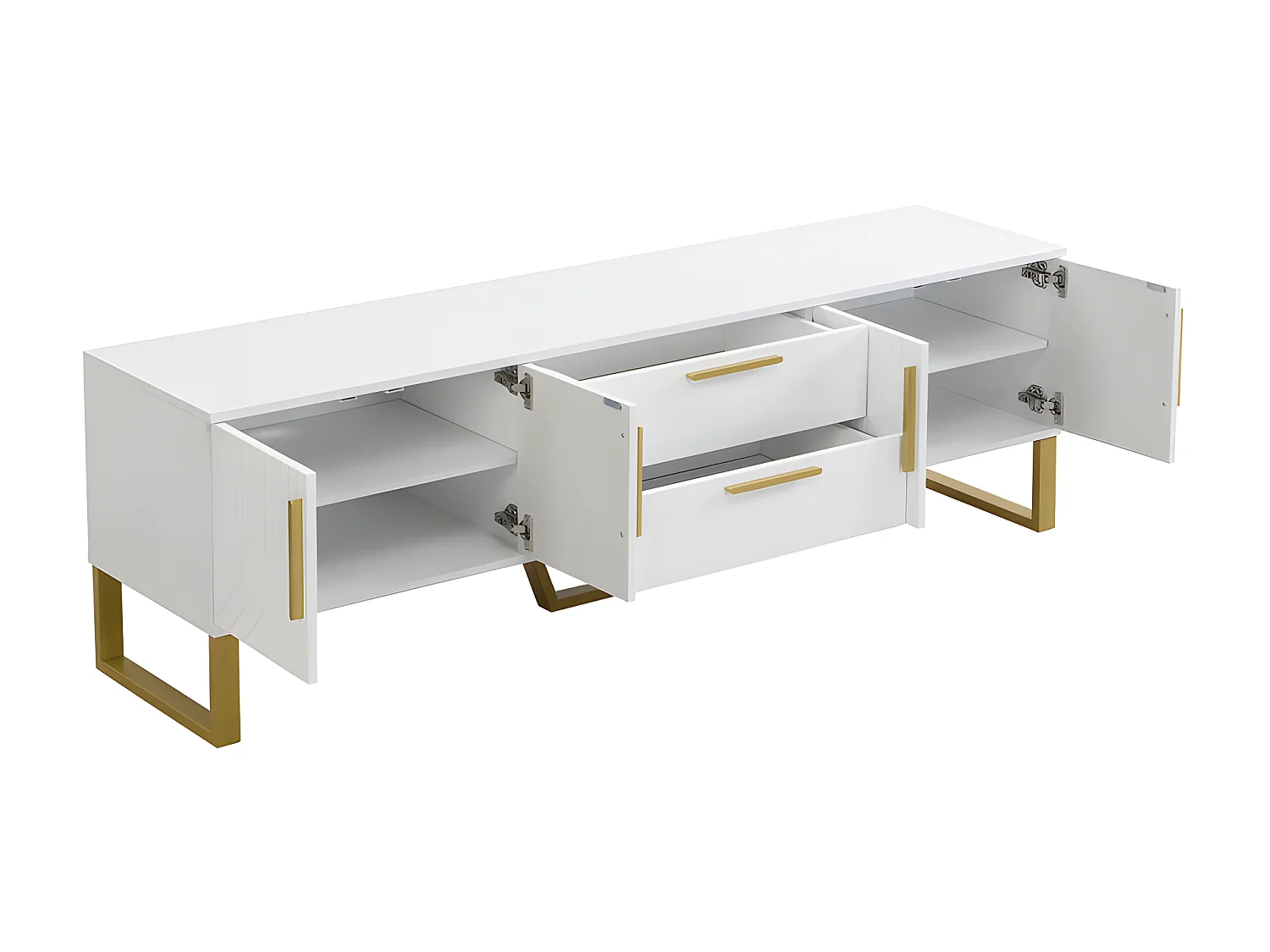 Meuble TV L 170cm - aspect brillant - 4 portes texturées gravées avec poignées dorées - Blanc