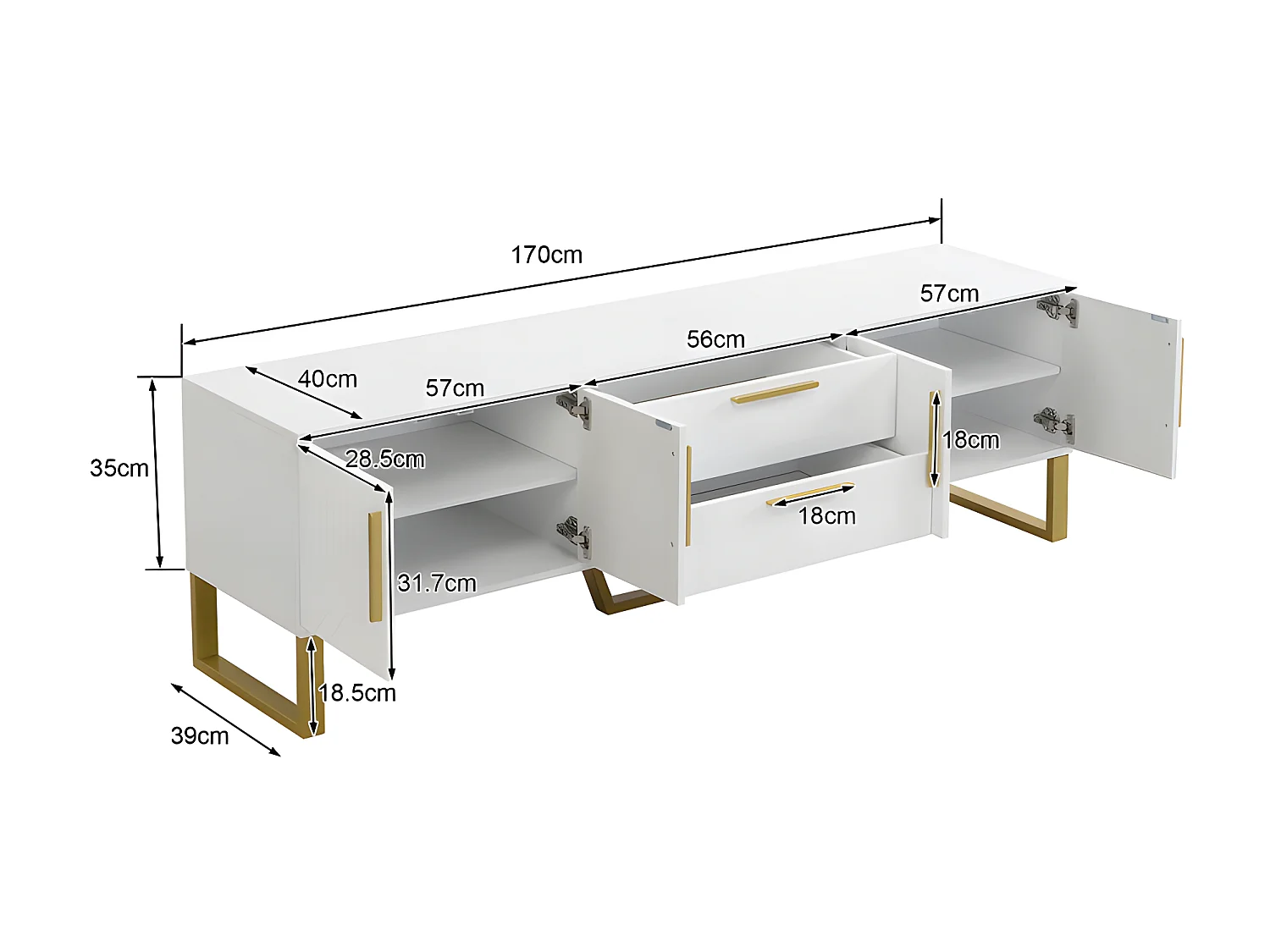 Meuble TV L 170cm - aspect brillant - 4 portes texturées gravées avec poignées dorées - Blanc