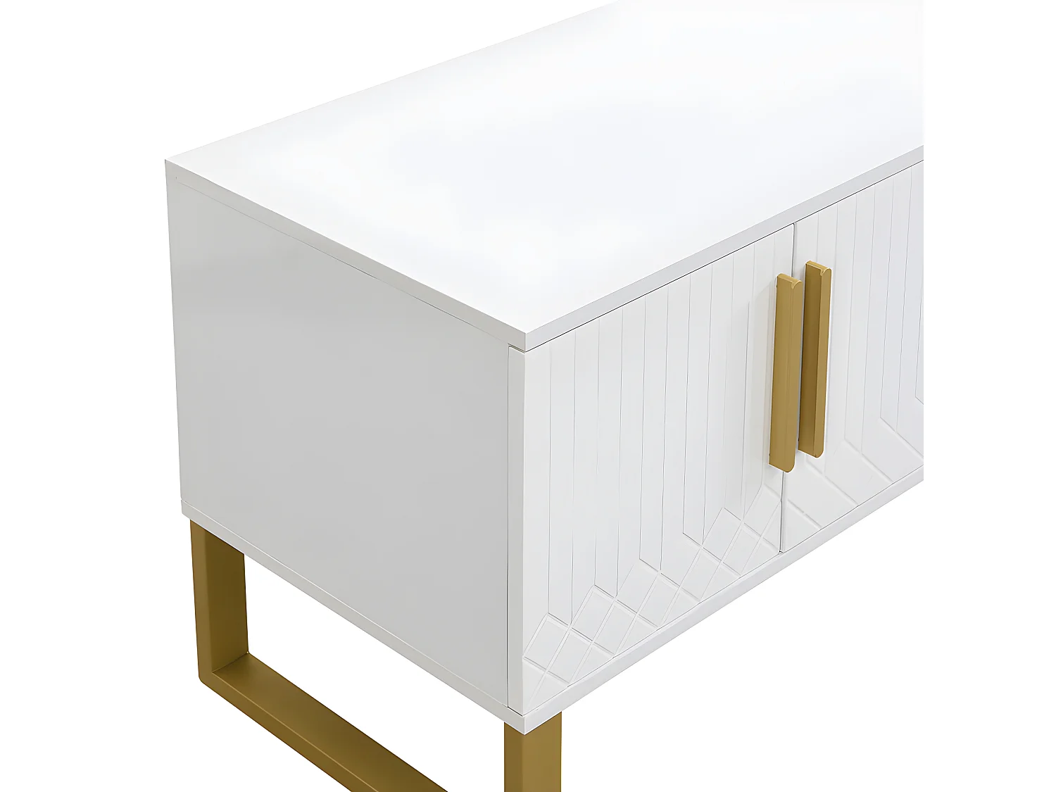 Meuble TV L 170cm - aspect brillant - 4 portes texturées gravées avec poignées dorées - Blanc