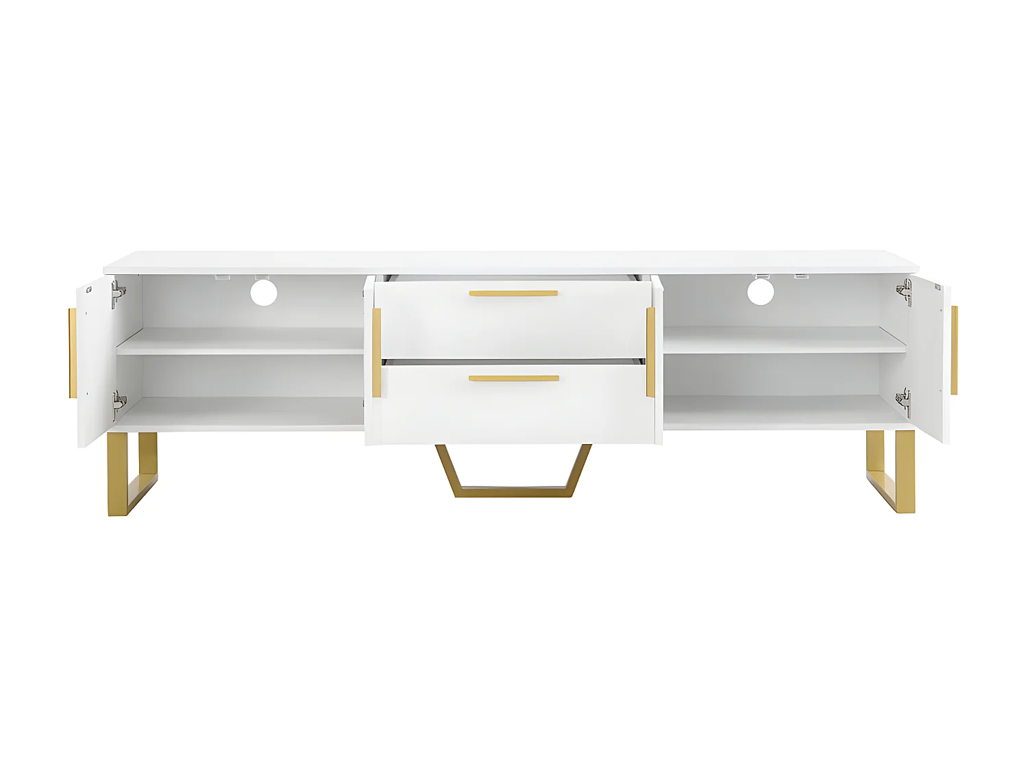 Meuble TV L 170cm - aspect brillant - 4 portes texturées gravées avec poignées dorées - Blanc