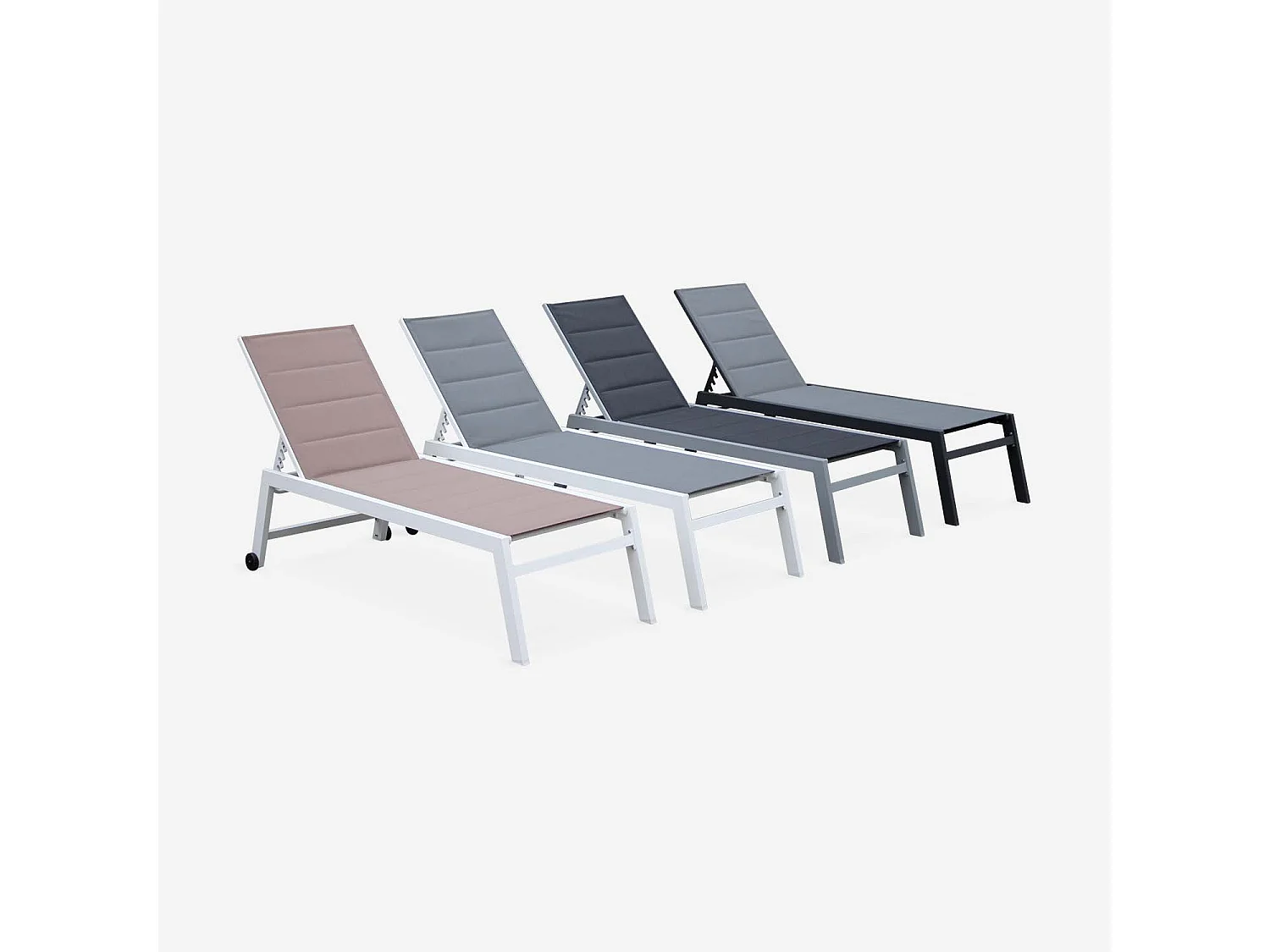 bain de soleil - Solis - Transat textilène matelassé et aluminium 6 positions. structure blanche. textilène taupe