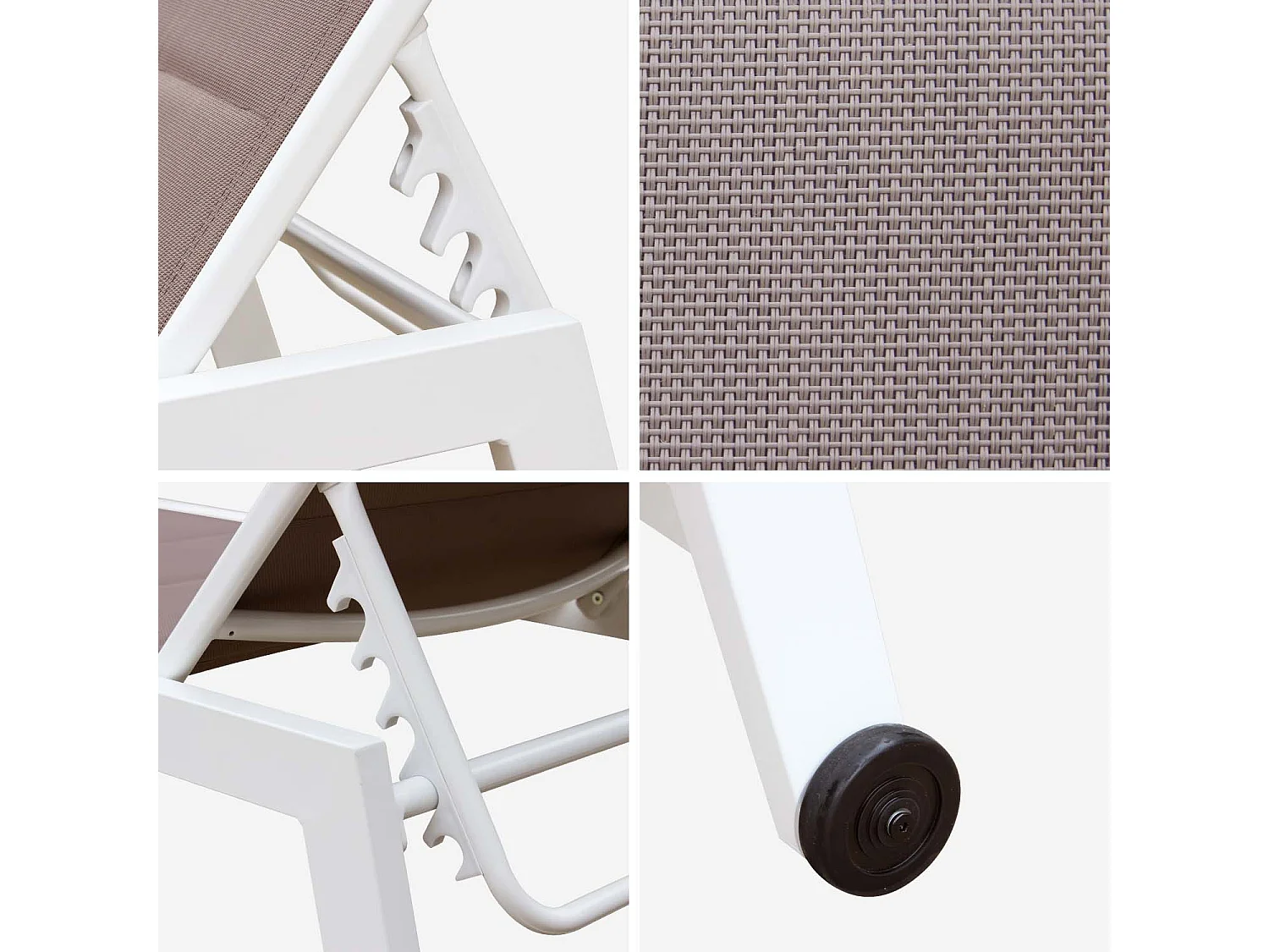 bain de soleil - Solis - Transat textilène matelassé et aluminium 6 positions. structure blanche. textilène taupe