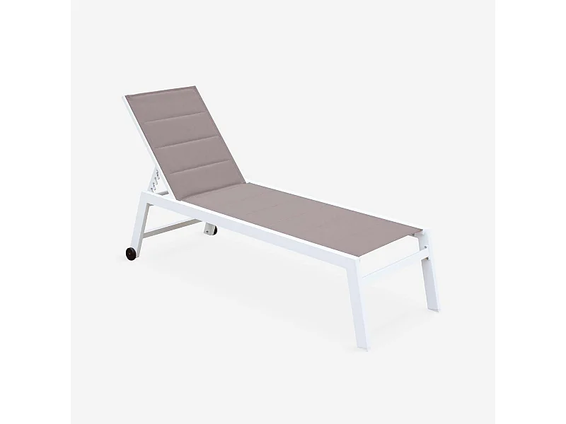 bain de soleil - Solis - Transat textilène matelassé et aluminium 6 positions. structure blanche. textilène taupe