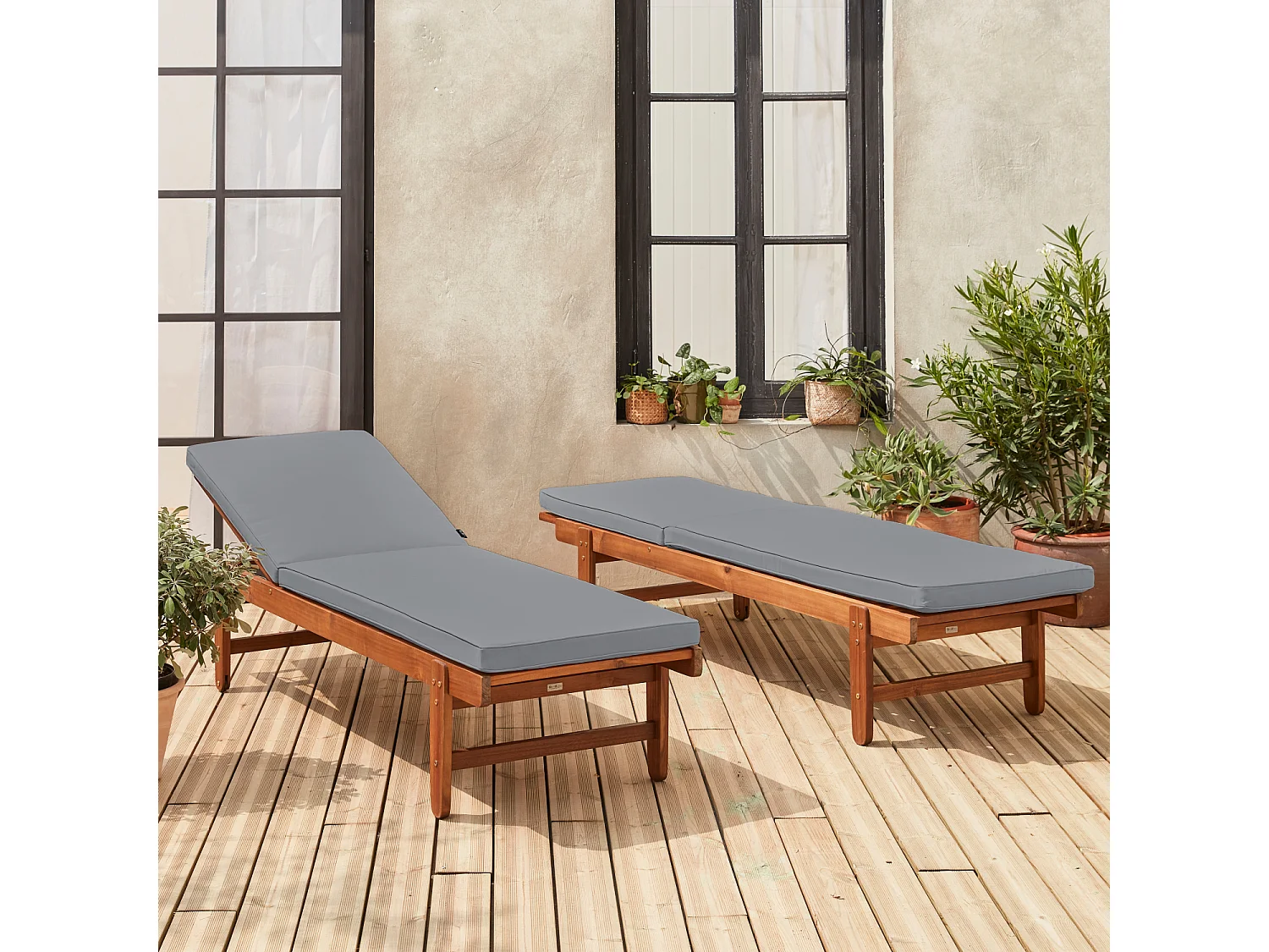 Tumbona de madera con ruedas, set de 2 gris