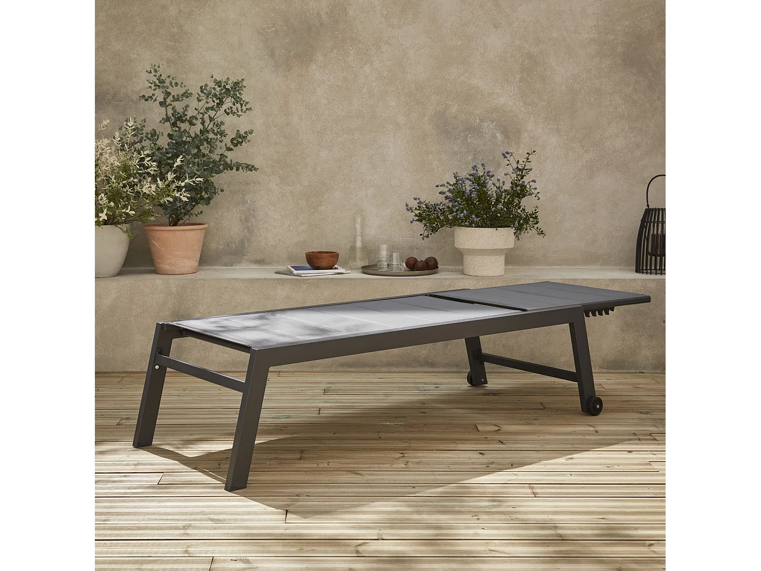 bain de soleil - Solis - Transat textilène et aluminium 6 positions. structure gris anthracite. textilène gris