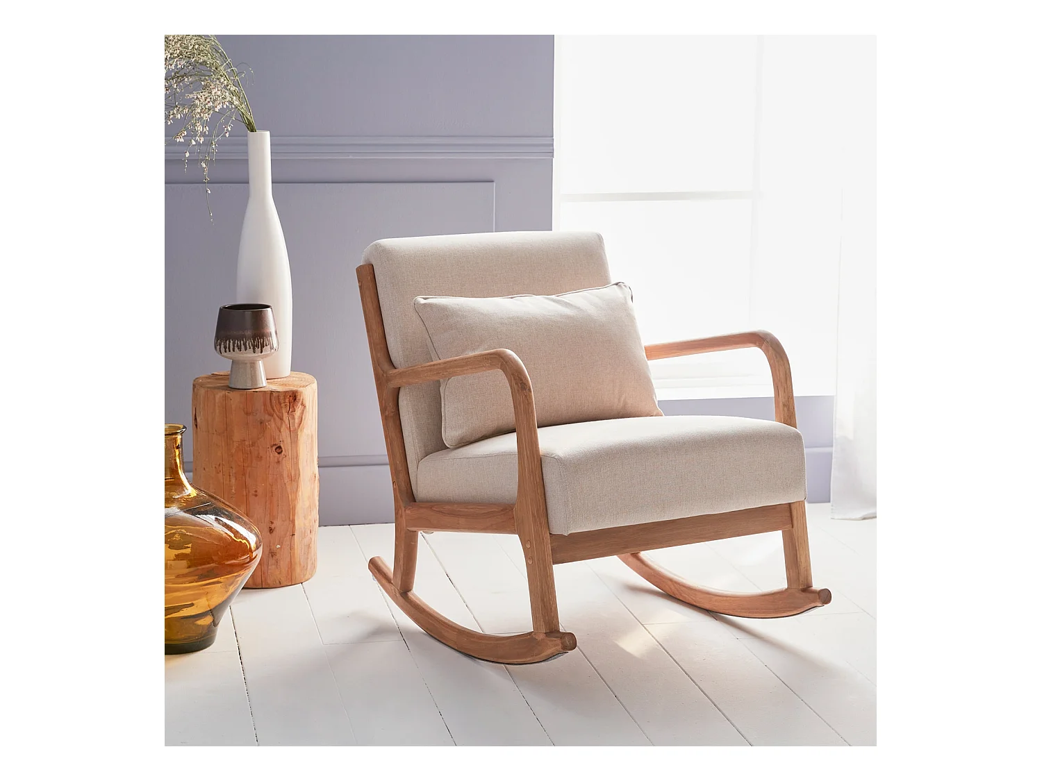 Fauteuil à bascule design en bois et tissu. 1 place. rocking chair scandinave. beige
