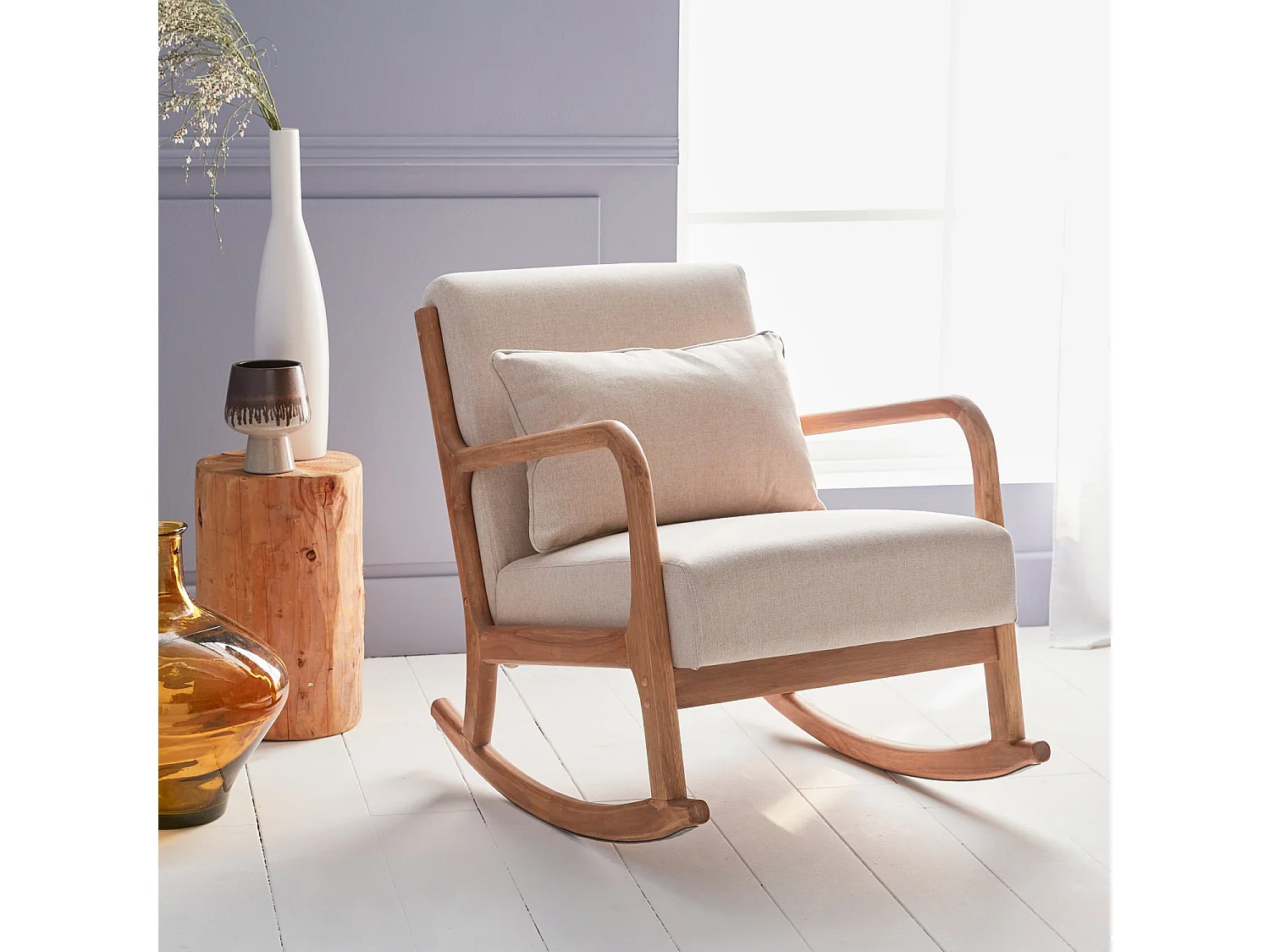 Fauteuil à bascule design en bois et tissu. 1 place. rocking chair scandinave. beige