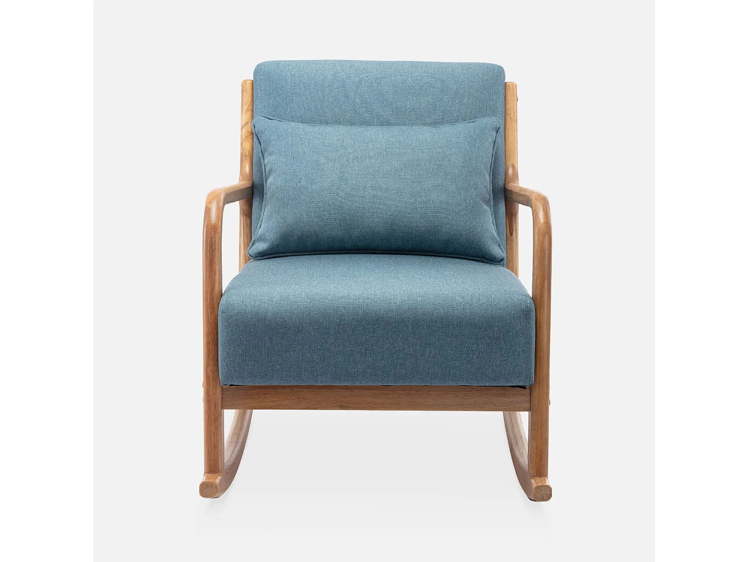 Poltrona scandinava a dondolo in legno e tessuto con braccioli, blu