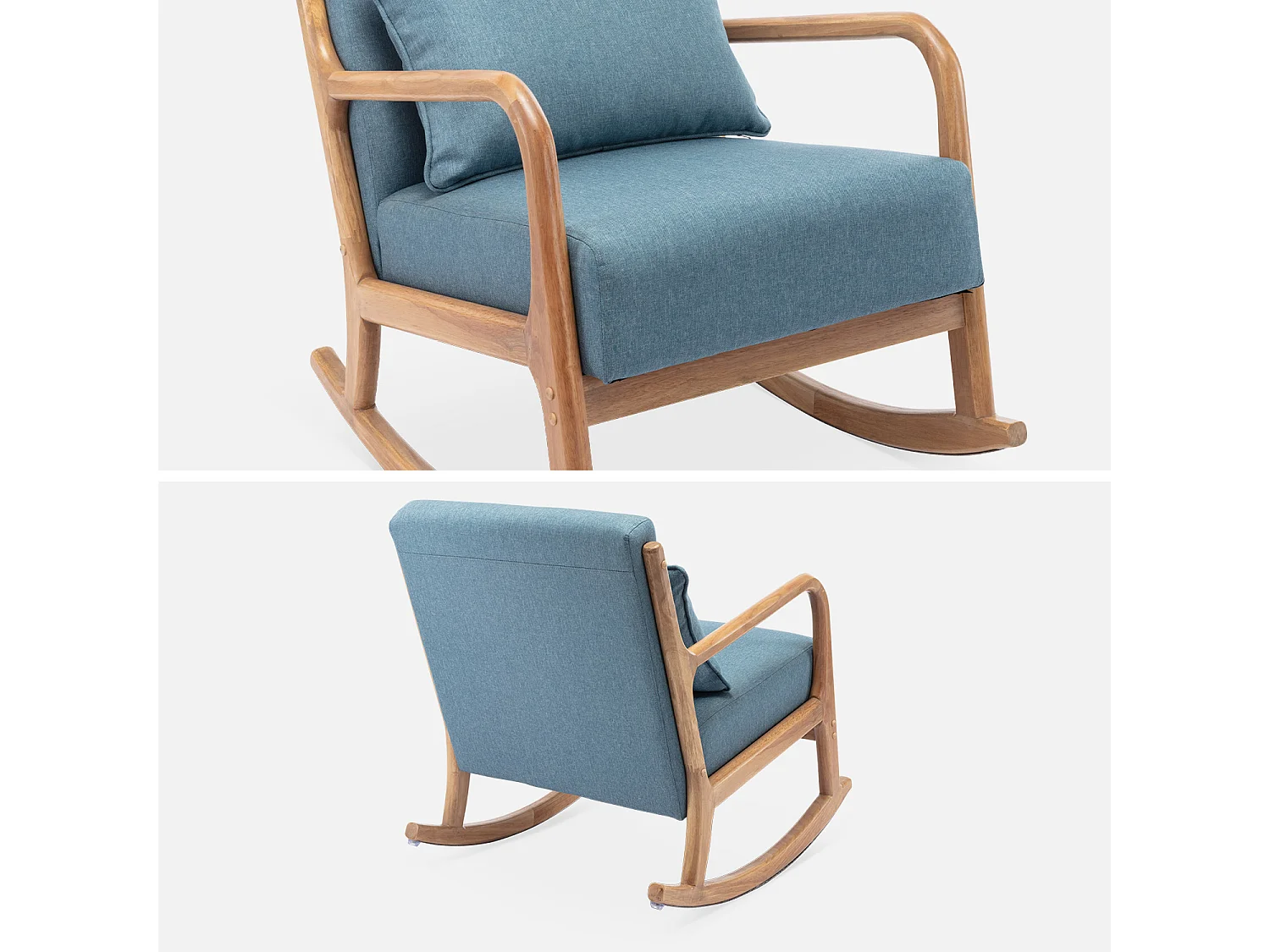 Poltrona scandinava a dondolo in legno e tessuto con braccioli, blu
