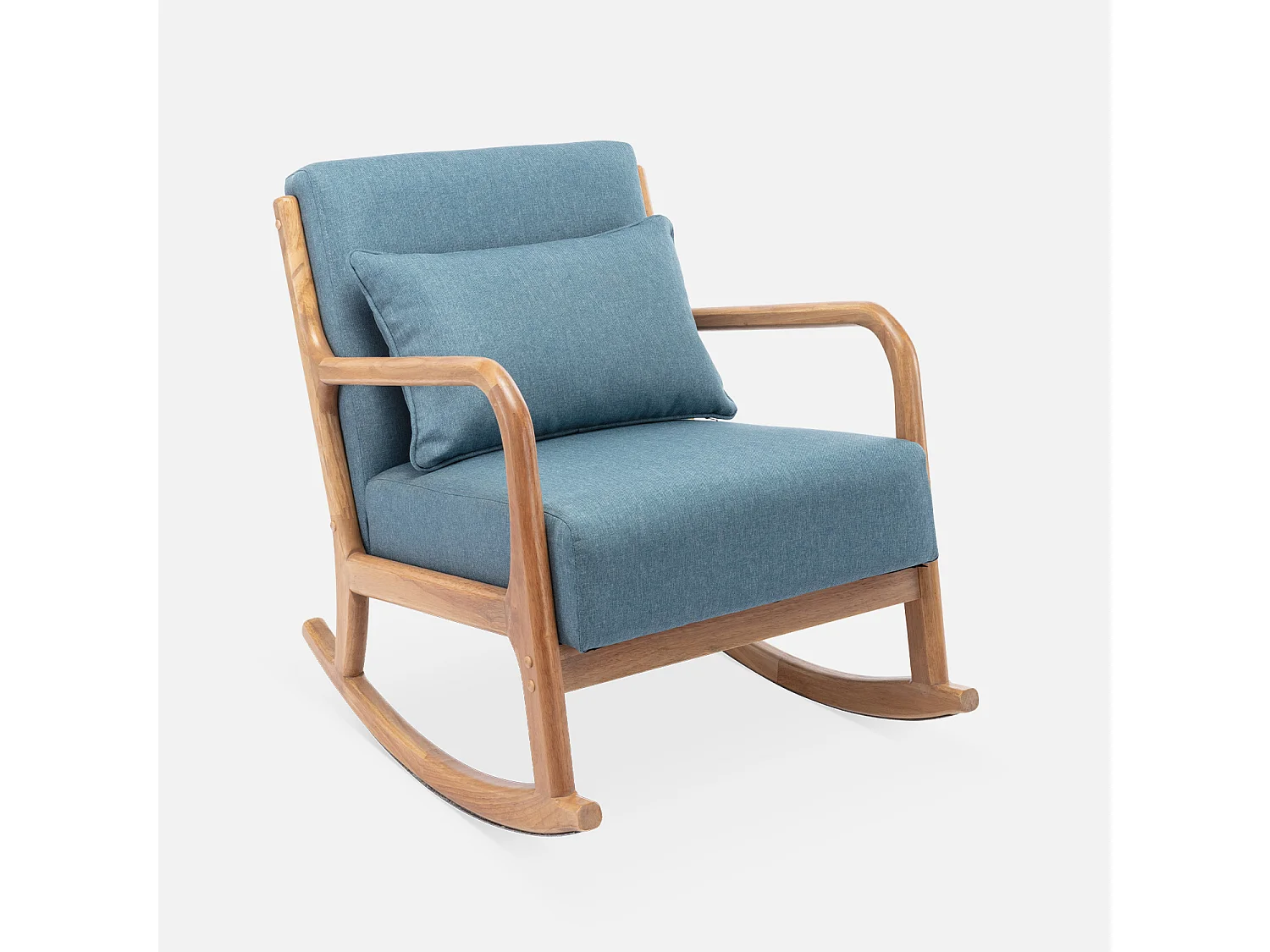 Poltrona scandinava a dondolo in legno e tessuto con braccioli, blu