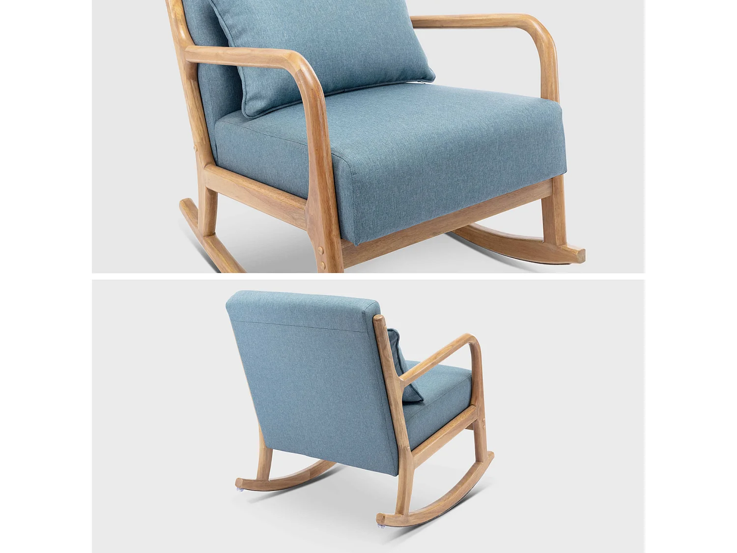 Poltrona scandinava a dondolo in legno e tessuto con braccioli, blu