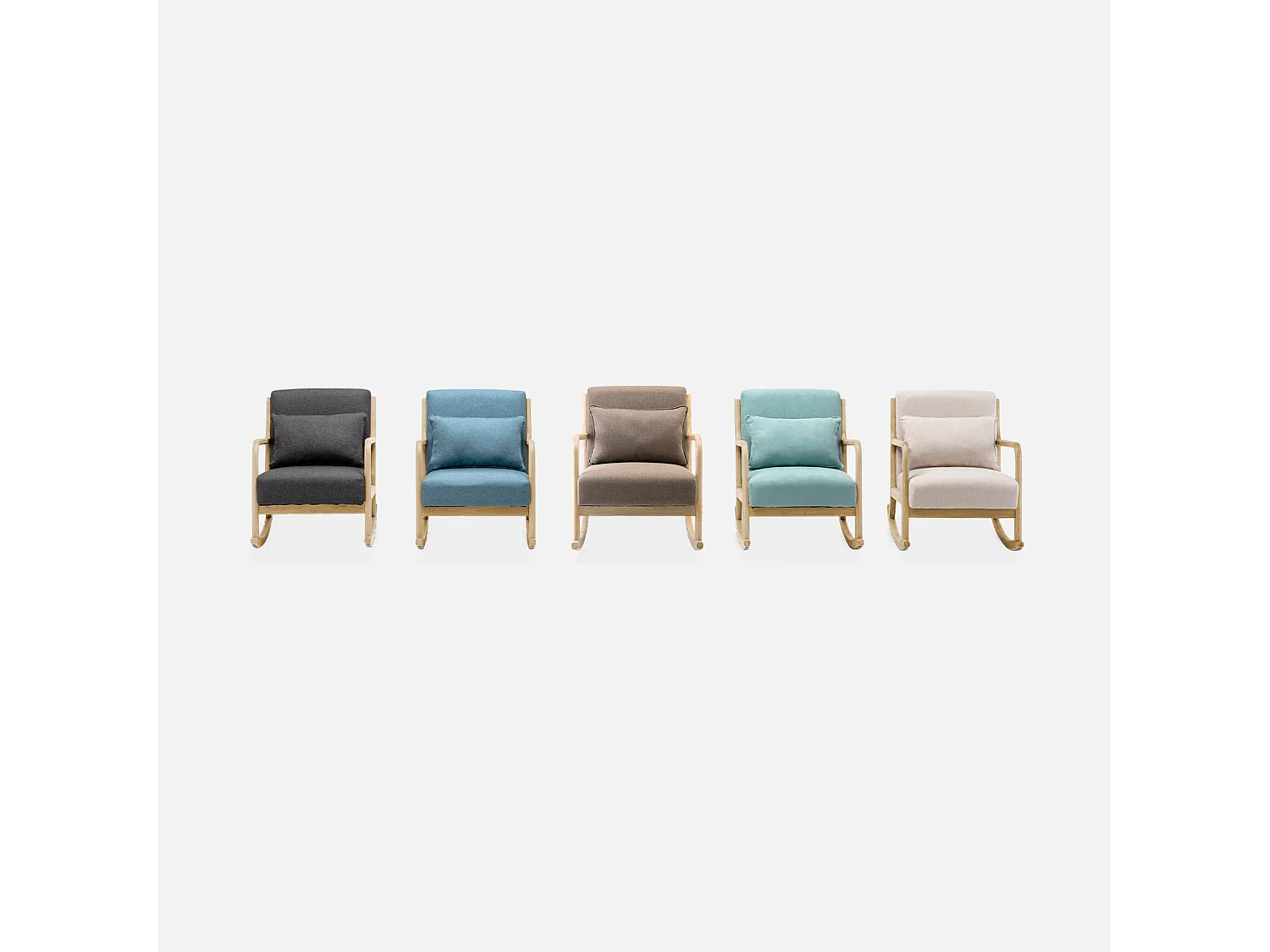 Poltrona scandinava a dondolo in legno e tessuto con braccioli, blu