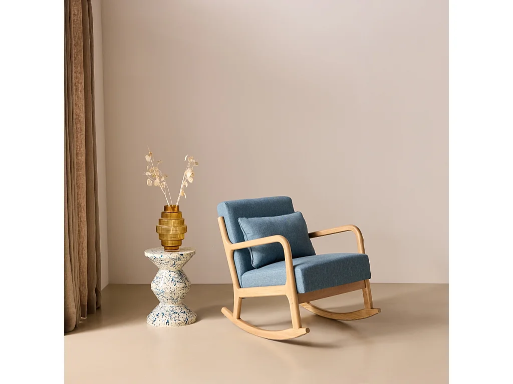 Fauteuil à bascule design en bois et tissu. 1 place. rocking chair scandinave. bleu