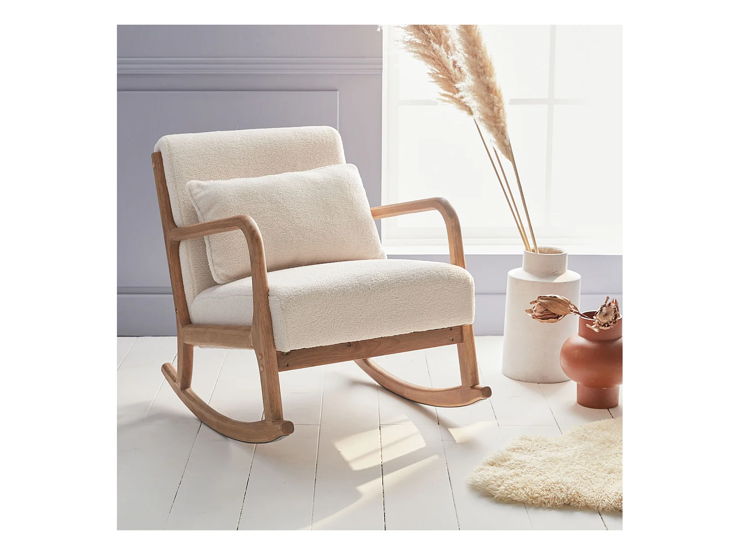 Fauteuil à bascule design en bois et tissu. bouclettes crème. 1 place. rocking chair scandinave