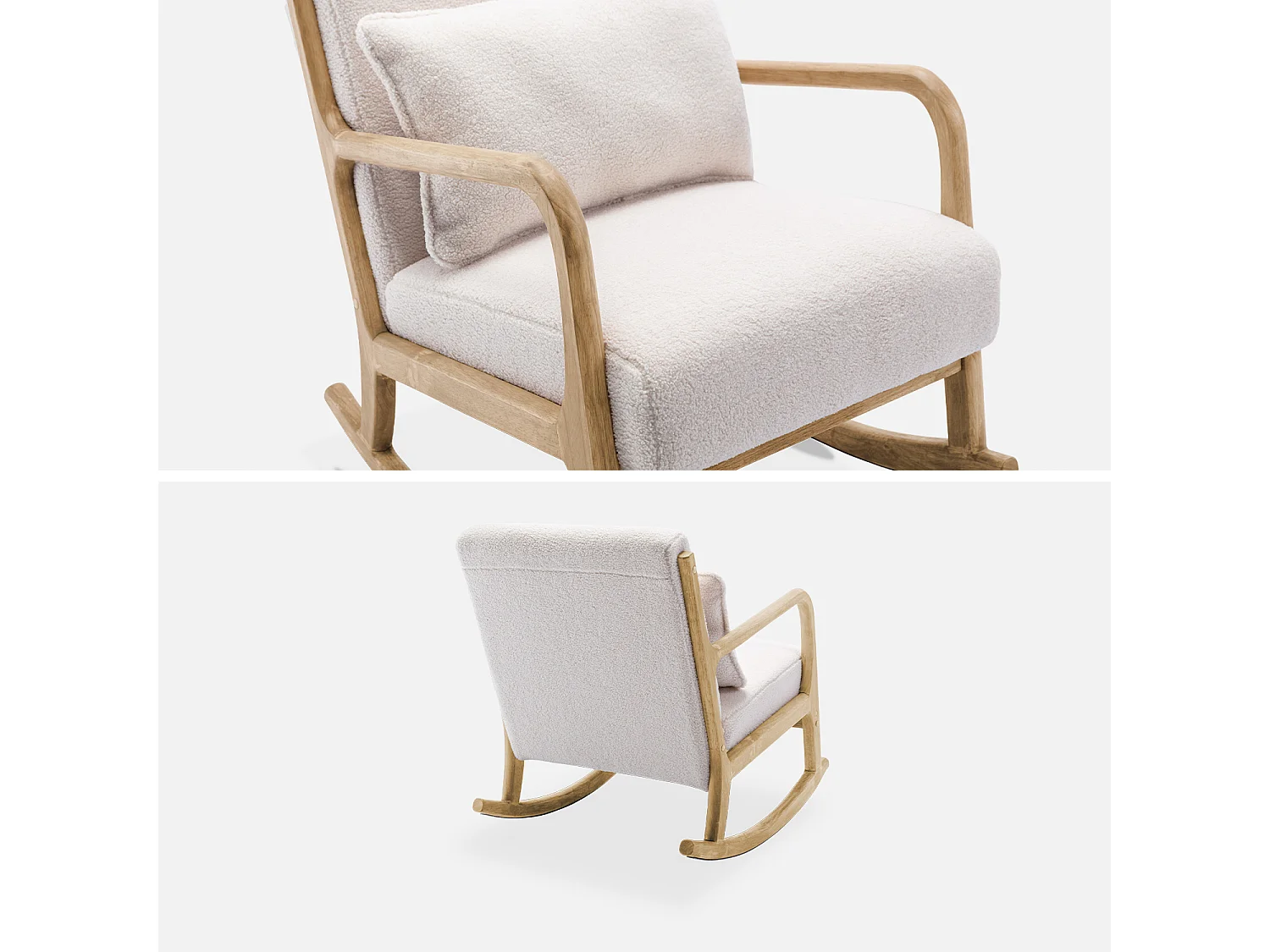 Silla mecedora estilo escandinavo con borreguito crema