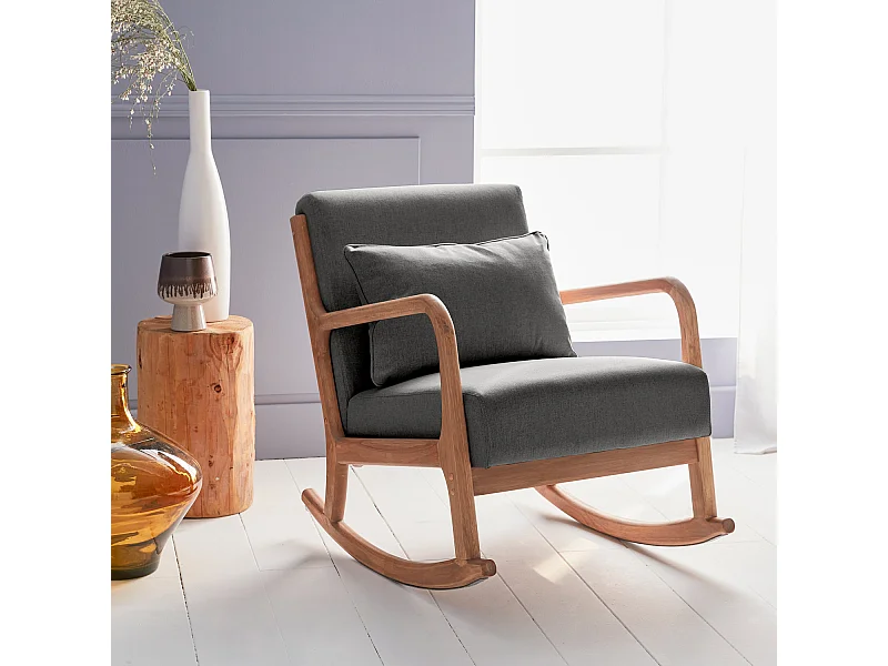Poltrona scandinava a dondolo in legno e tessuto con braccioli, grigio