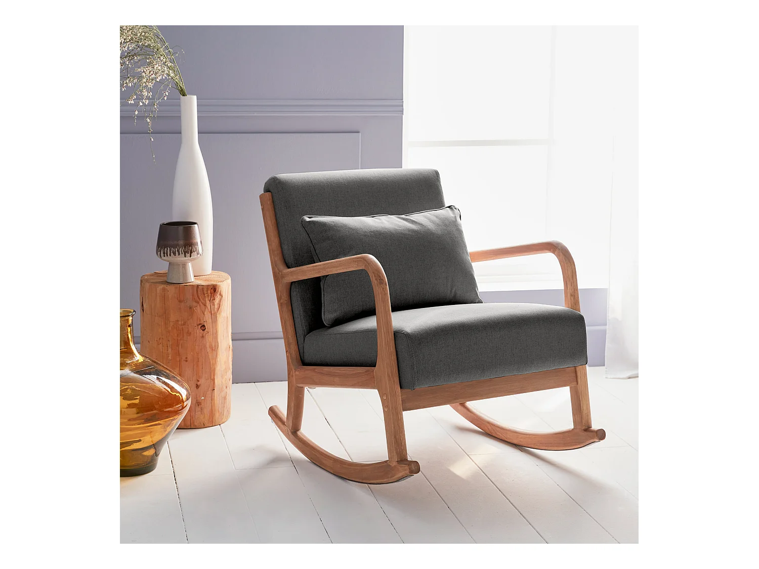 Fauteuil à bascule design en bois et tissu. 1 place. rocking chair scandinave. gris foncé