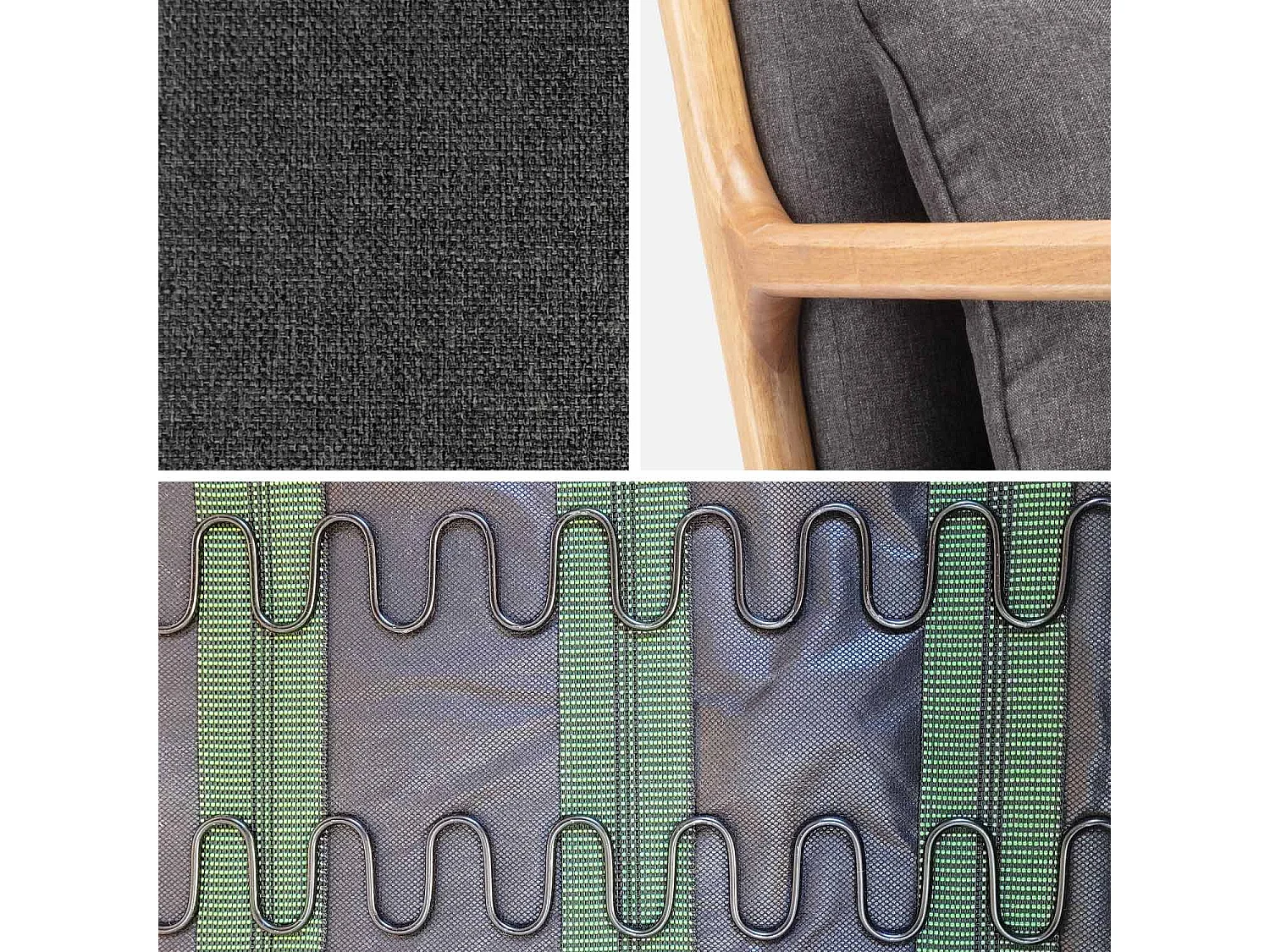 Poltrona scandinava a dondolo in legno e tessuto con braccioli, grigio