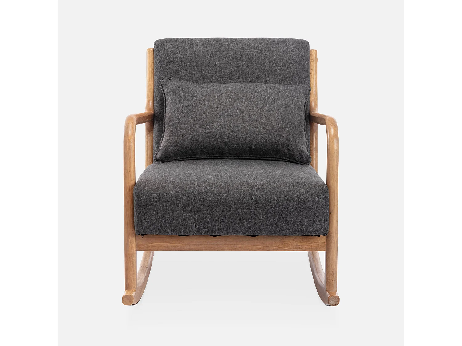 Poltrona scandinava a dondolo in legno e tessuto con braccioli, grigio
