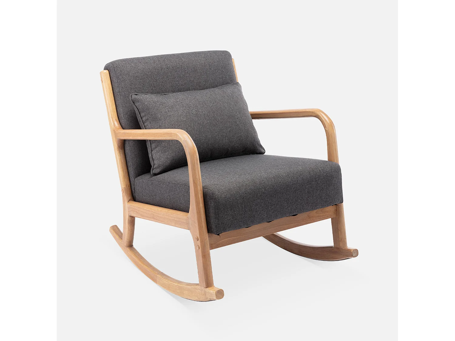 Poltrona scandinava a dondolo in legno e tessuto con braccioli, grigio