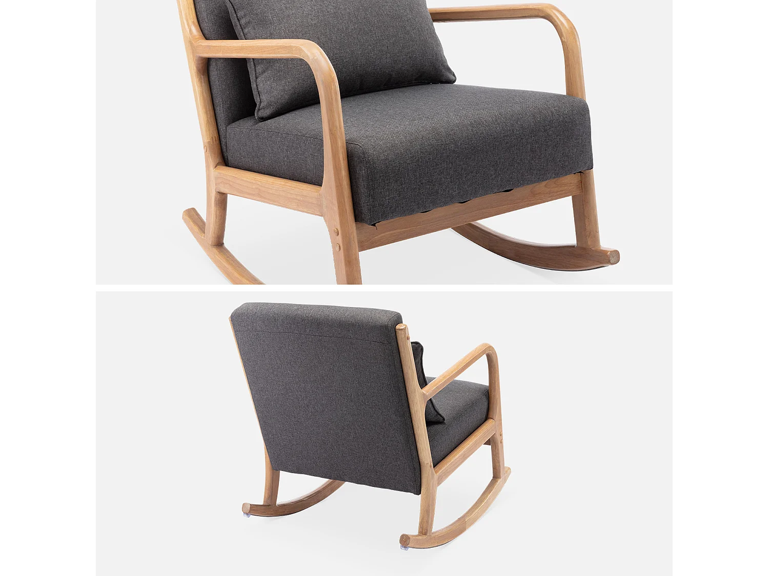 Poltrona scandinava a dondolo in legno e tessuto con braccioli, grigio