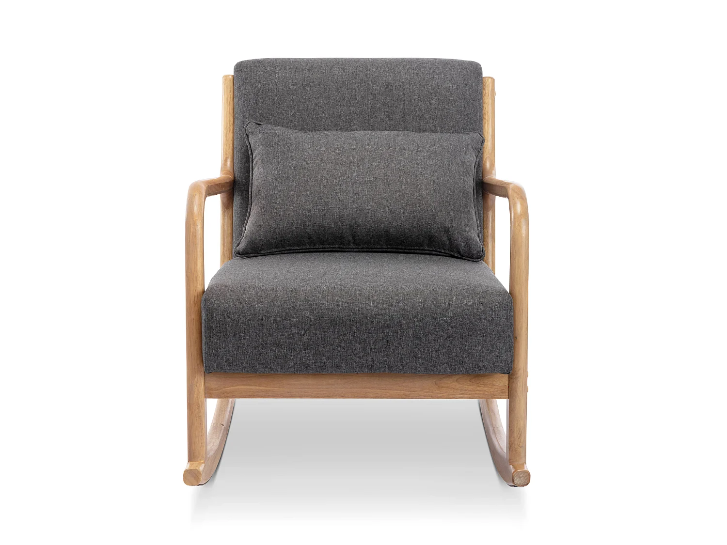Poltrona scandinava a dondolo in legno e tessuto con braccioli, grigio