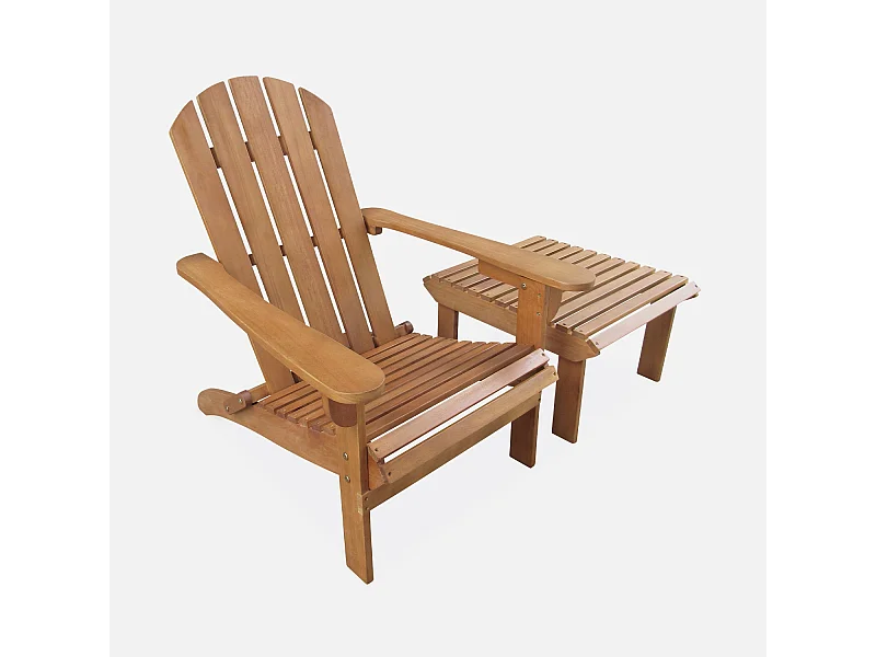 Fauteuil de jardin en bois avec repose-pieds/table basse - Adirondack Salamanca - Eucalyptus. chaise de terrasse retro