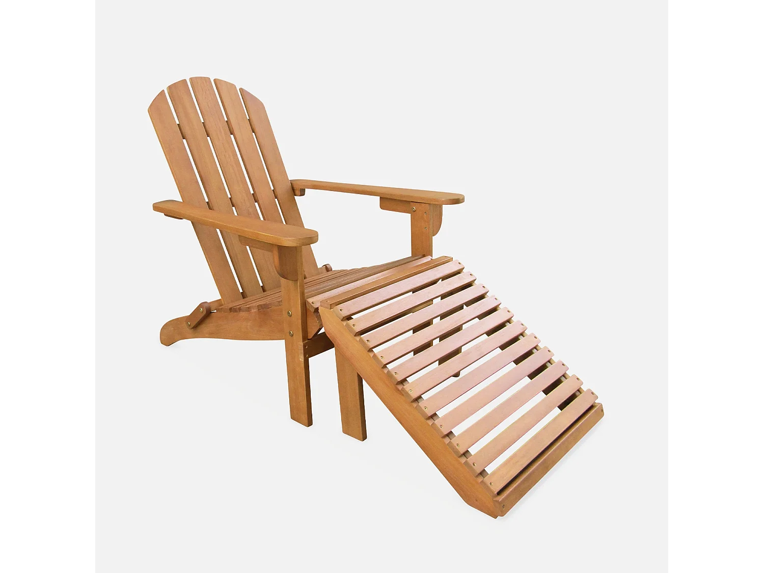 Fauteuil de jardin en bois avec repose-pieds/table basse - Adirondack Salamanca - Eucalyptus. chaise de terrasse retro