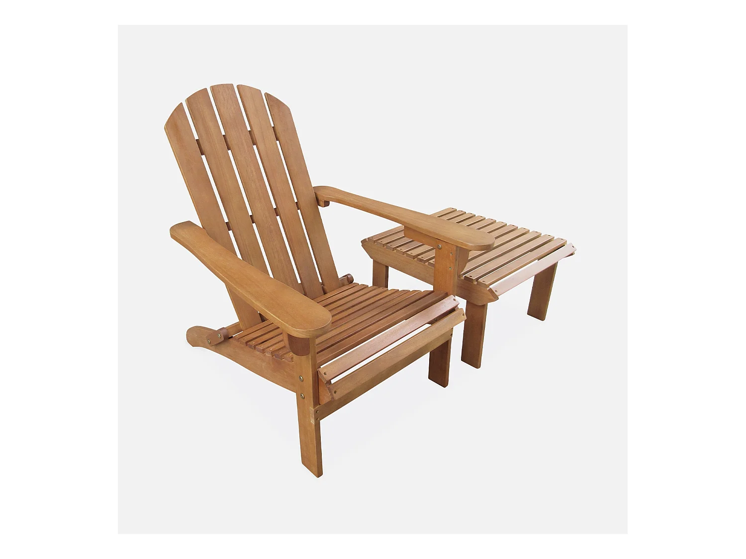 Fauteuil de jardin en bois avec repose-pieds/table basse - Adirondack Salamanca - Eucalyptus. chaise de terrasse retro
