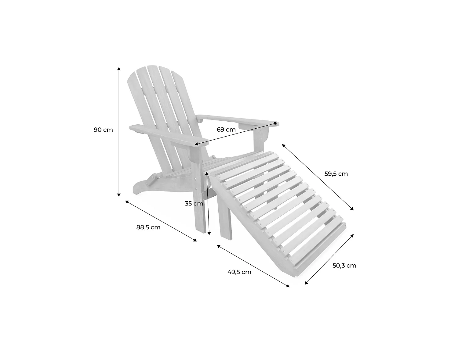 Fauteuil de jardin en bois avec repose-pieds/table basse - Adirondack Salamanca - Eucalyptus. chaise de terrasse retro