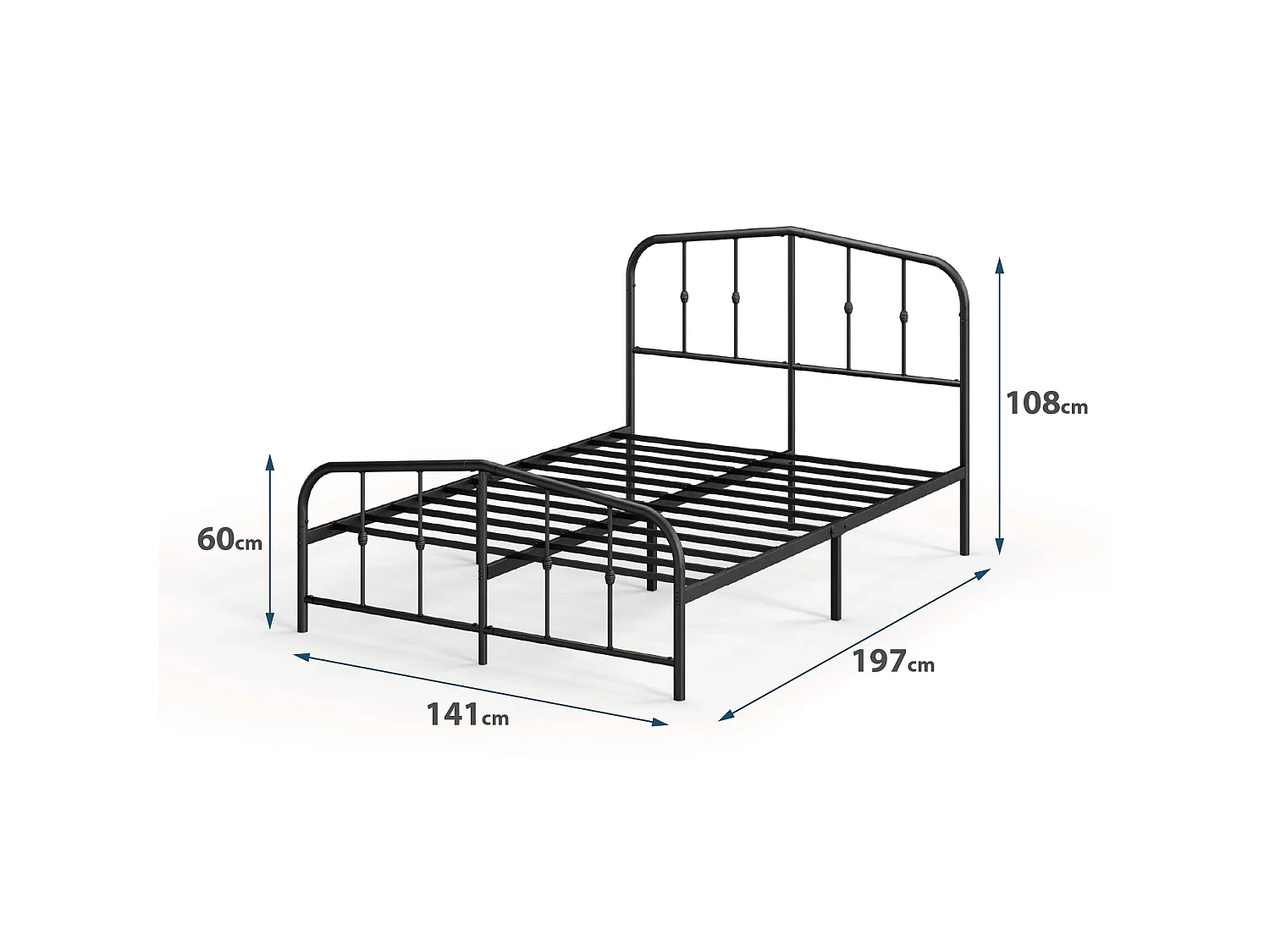 Lit 140x190 cm en métal - lit double - noir - Heidi