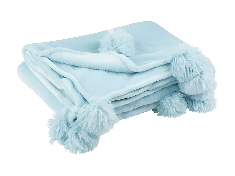 Plaid Pompon Polyester Bleu Ciel - L 170 x l 130 x H 1 cm