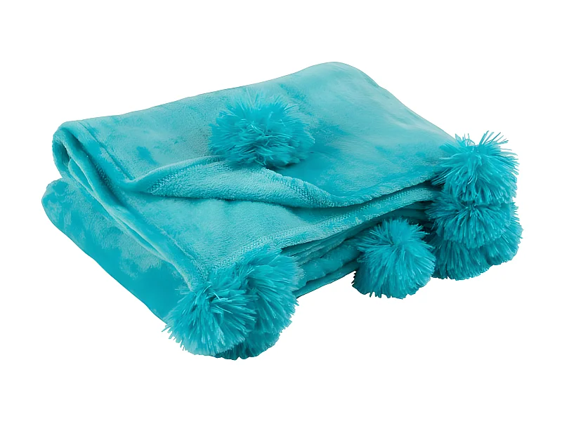 Plaid Pompon Polyester Azur - L 170 x l 130 x H 1 cm