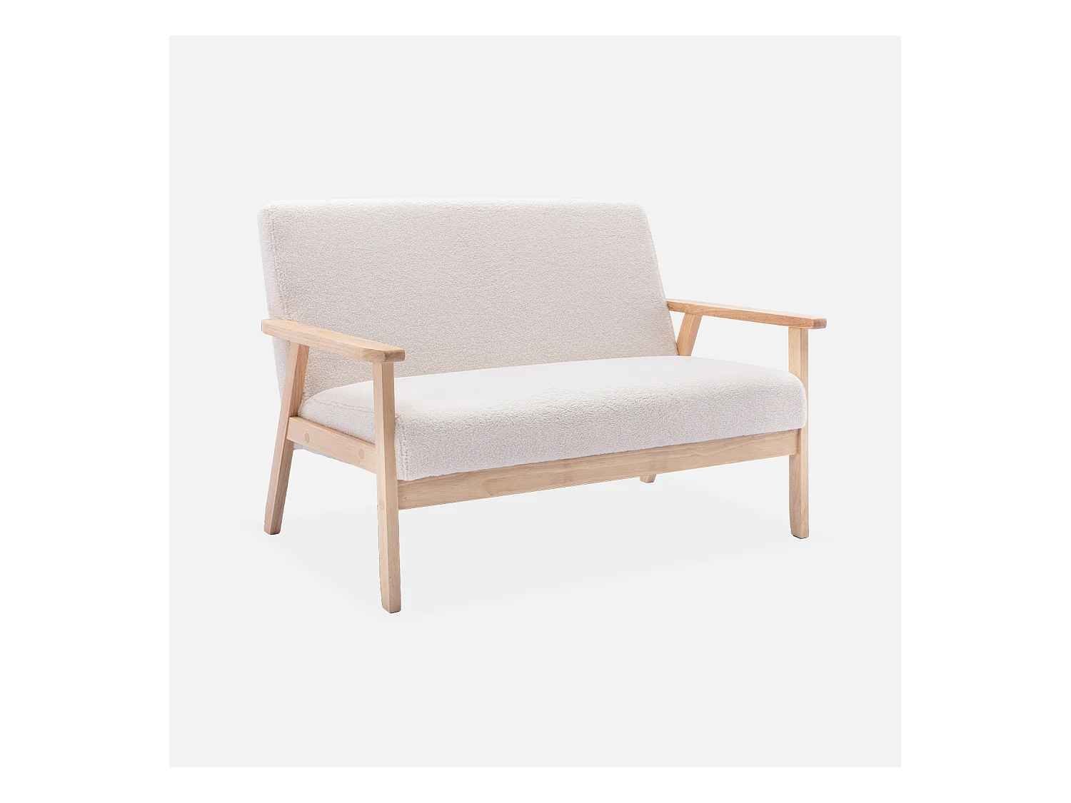 Banquette canapé en bois et tissu bouclette. Isak. L 114 x P 69.5 x H 73cm