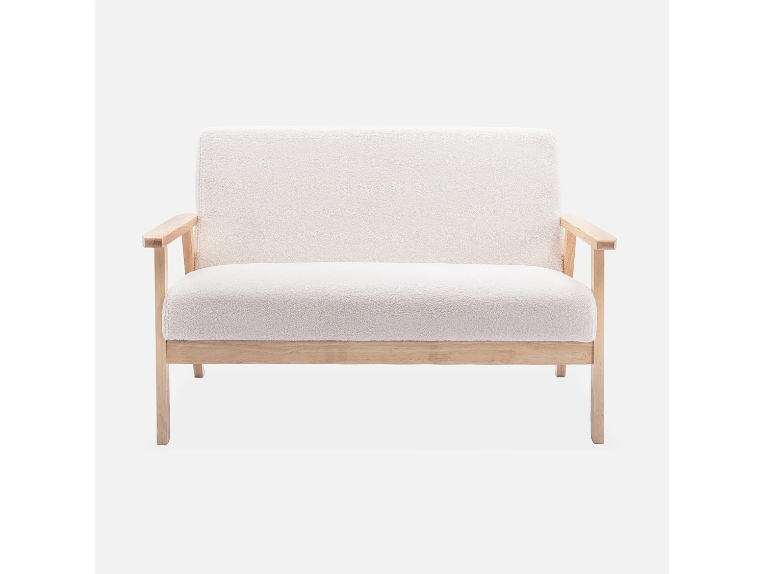 Divanetto in tessuto bouclé, gambe in legno a 2 posti, crema