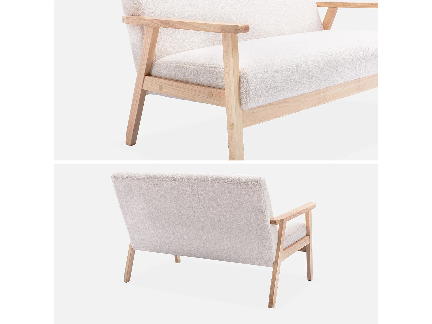 Divanetto in tessuto bouclé, gambe in legno a 2 posti, crema