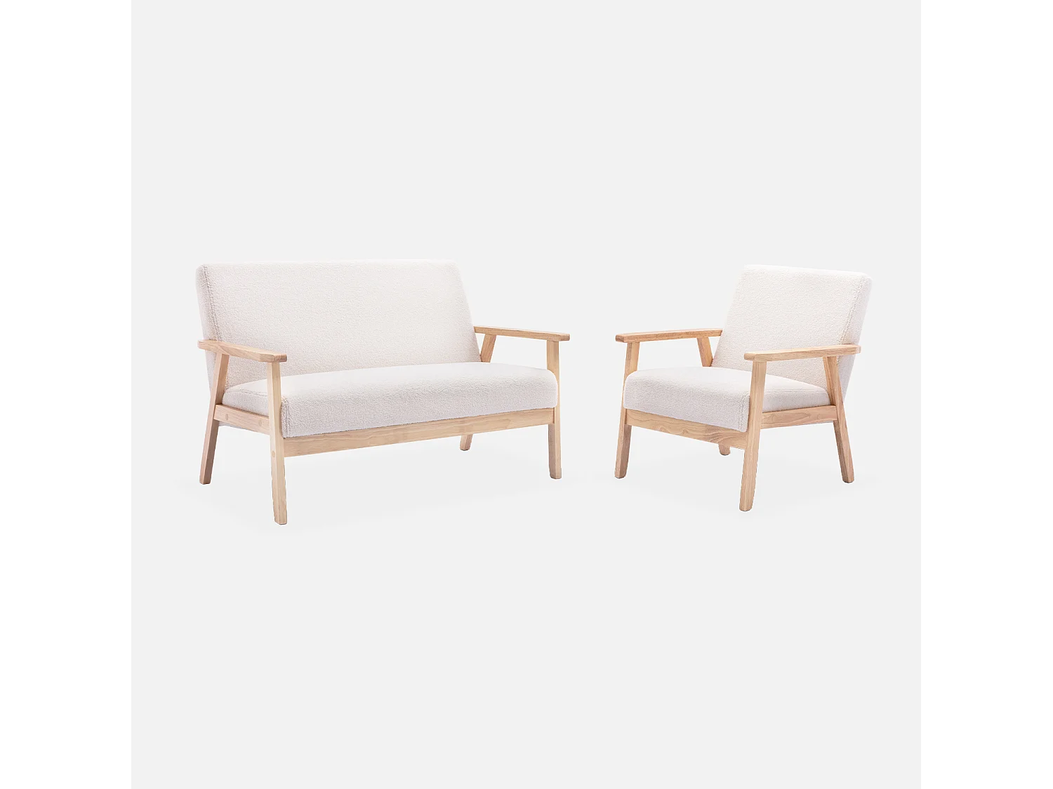 Divanetto in tessuto bouclé, gambe in legno a 2 posti, crema