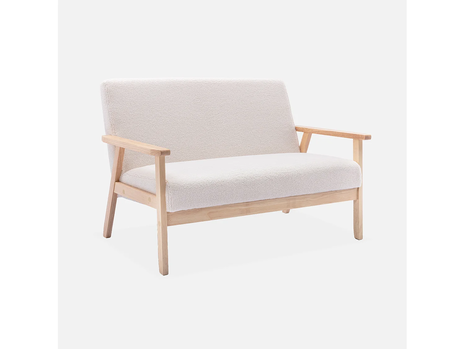 Divano in bouclé con gambe in legno, 2 posti, crema