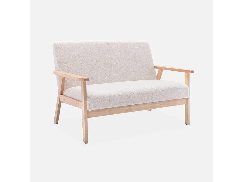 Banquette canapé en bois et tissu bouclette. Isak. L 114 x P 69.5 x H 73cm
